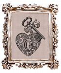 Репродукция ретро-гравюры «Heart Key» в раме «Амели» (античное серебро)